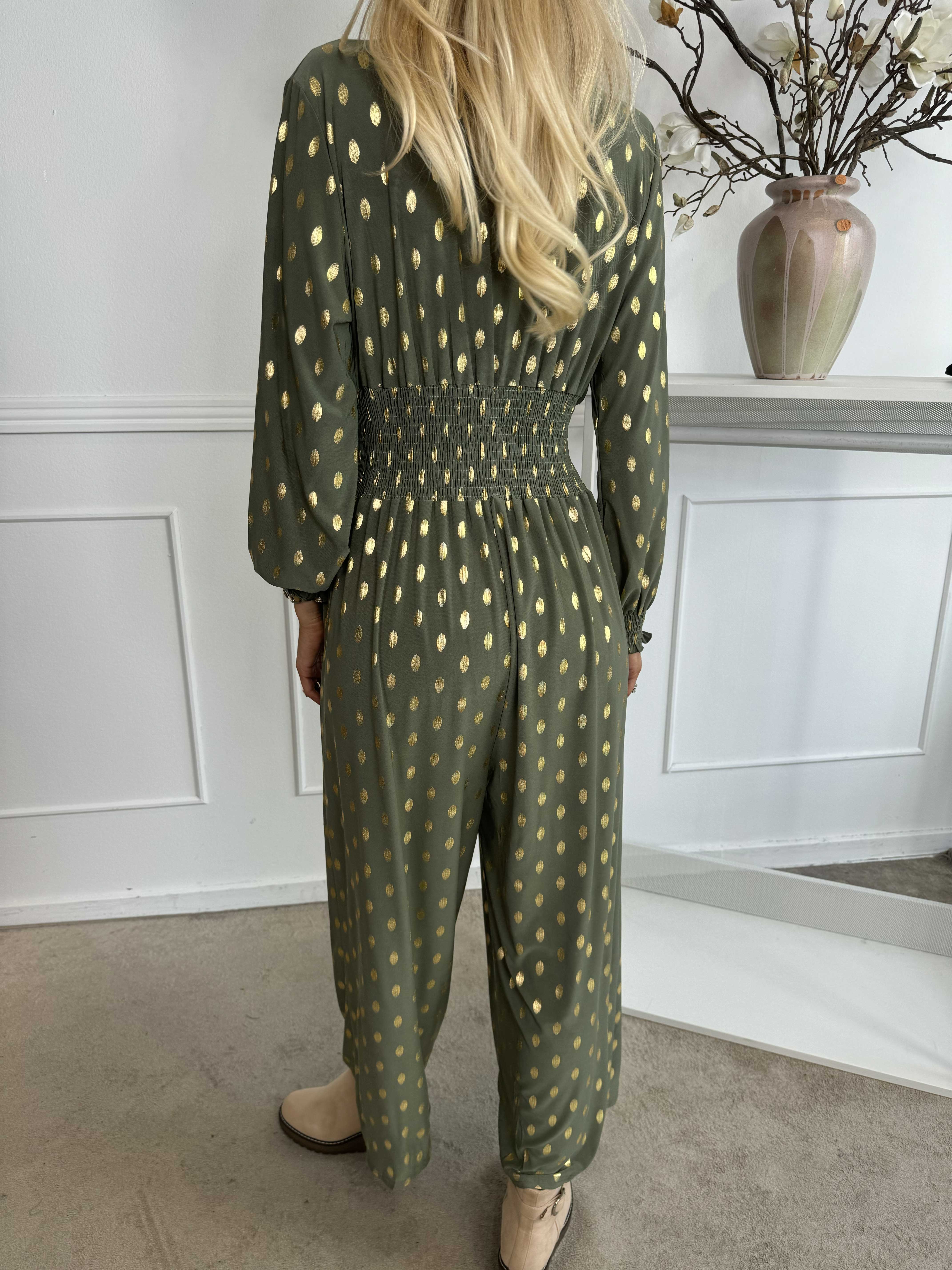 Pams Gold Dot Jumpsuit L/S - Jumpsuit i stretchigt tyg med guldprickar